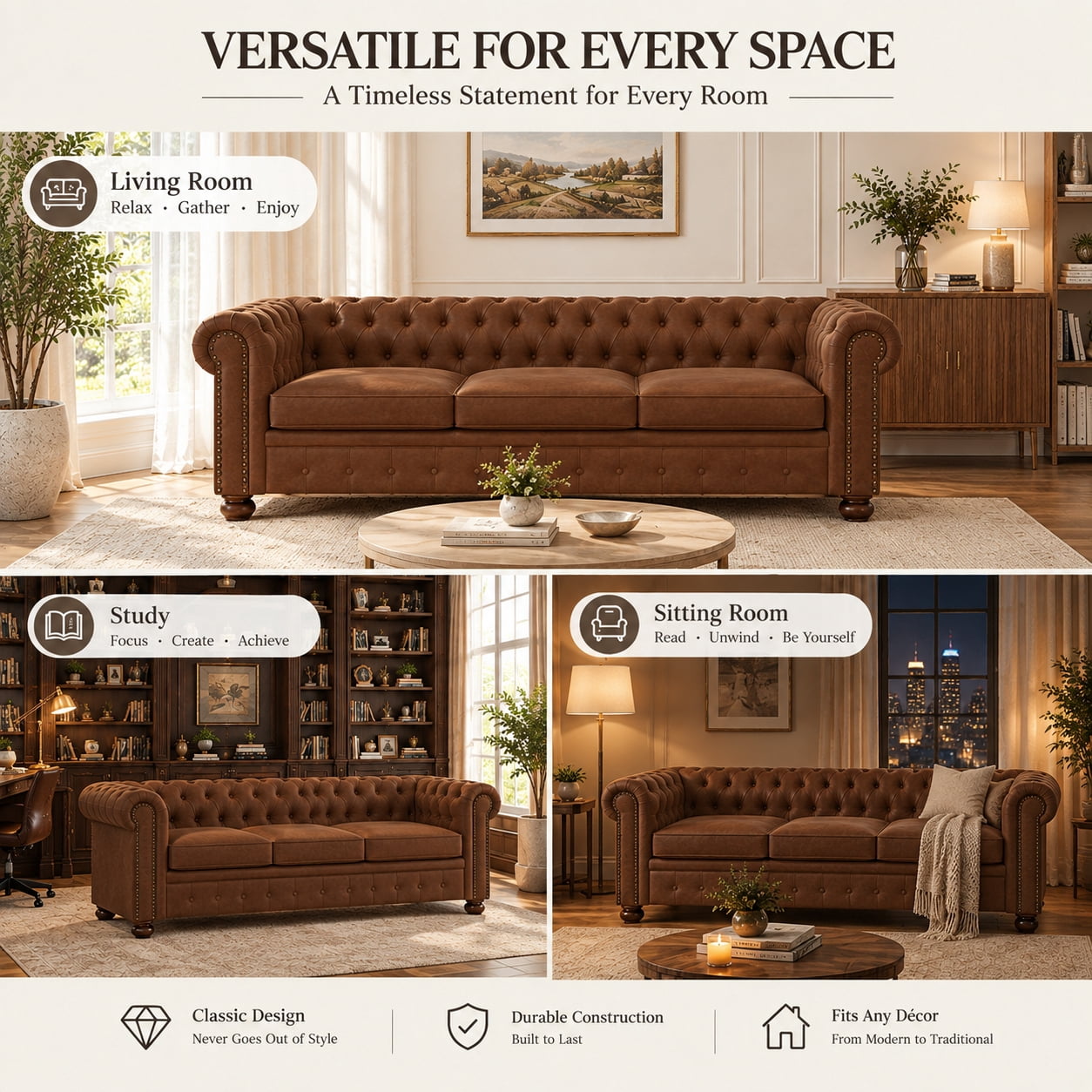 Anpport 81" Rolled Arm Chesterfield Sofa, Faux Leather 3 Seater Couch, Button Tufted, Nailhead Trim & Solid Wood Legs for Living Room & Office, Brown