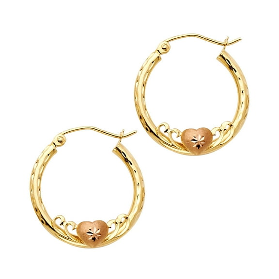 Bubble Heart Hoop Earrings 14k Two Tone Yellow Rose Gold Diamond Cut Polished Genuine 20mm x 2mm