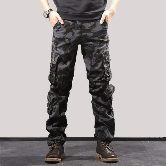 Antqov Cargo Pants for Men, Camouflage Zipper Straight Work Pants with Multiple Pockets, Outdoor Hiking Comfortable Waterproof Tactical Pants