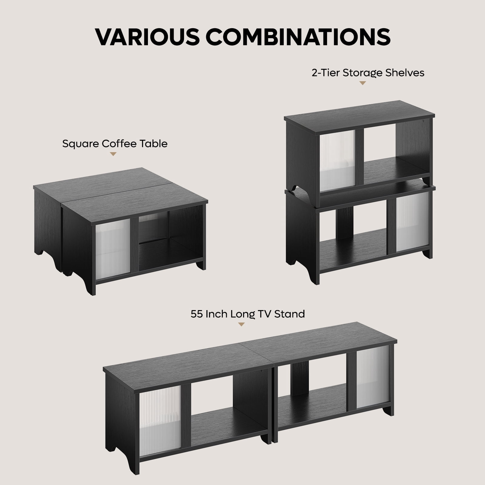 Pinmoco LED TV Stand for TVs up to 65'', Expandable Side by Side or Stacking TV Stand with Storage, Black