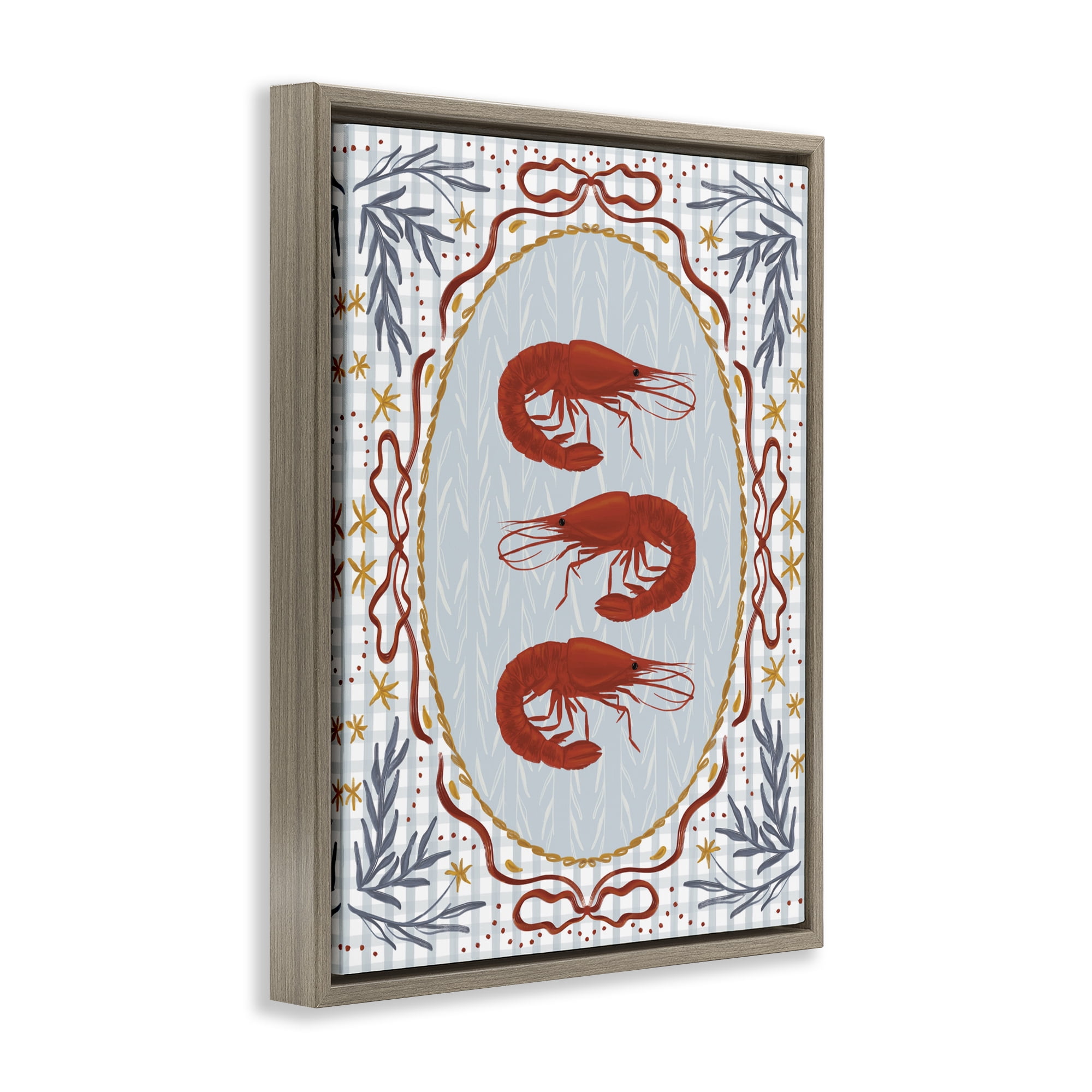 Stupell Industries Three Red Prawns on Gingham Brown Framed Floater Canvas Wall Art, design by Vero Illustrates