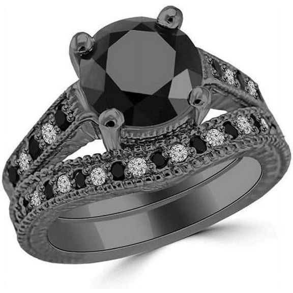 925 Sterling Silver 14K Black Gold Finish Round Cut Black Diamond Engagement Wedding Bridal Ring Set