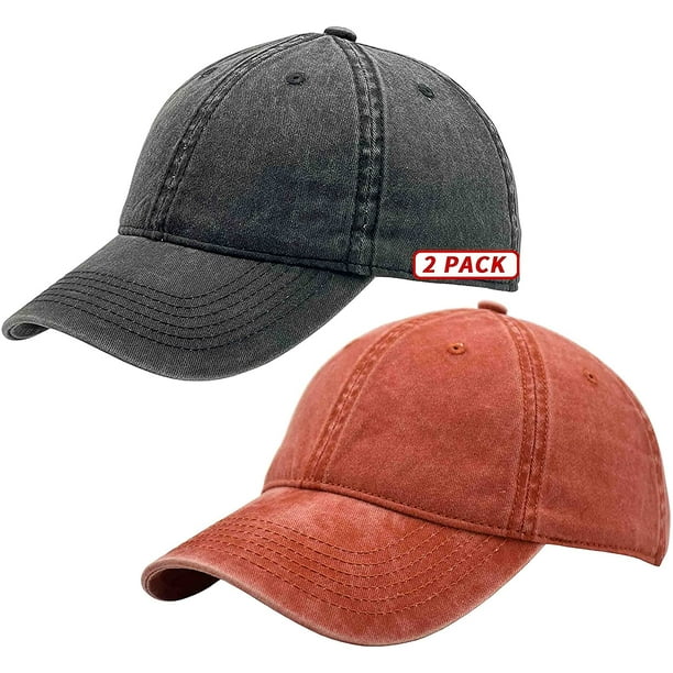 2pcs Vintage Cotton Washed Adjustable Baseball Caps Men and Women,  Unstructured Low Profile Plain Classic Retro Dad Hat(Black-orange )