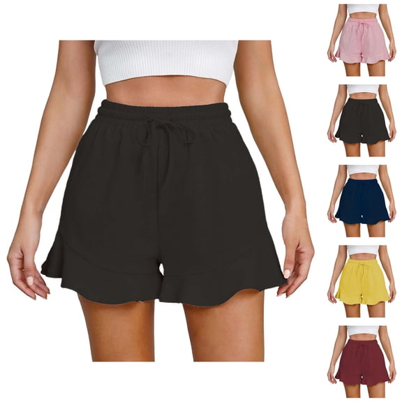 Shorts for Women 2026 Summer Cotton Linen Elastic Waist Wide Leg Ruffle Hem Flowy Casual Shorts with Pockets