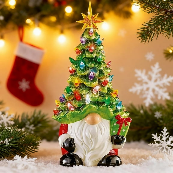 Christmas Decorations - 8” Lighted Up Gnomes Ceramic Christmas Tree with Multicolored Lights - Small Mini Prelit Xmas Holiday Decor for Tabletop Home Room Table Fireplace Office