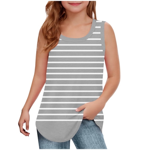 DeHolifer Girls Tank Tops Strip Printed Square Neck Soft Breathable Sleeveless Summer Blouse Casual Loose Tank Tops,Gray,7-8Years
