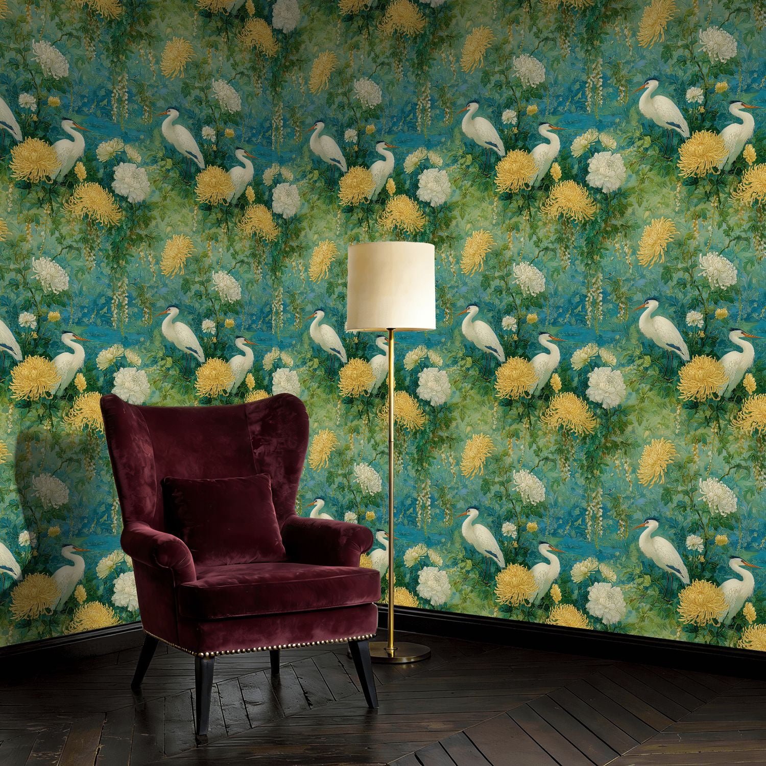 Boho Peel and Stick Wallpaper White Cranes Golden Chrysanthemums Teal Garden Wall Mural 17.7in x 9.8ft Self Adhesive Removable Wall Paper Renter Friendly Wallpaper for Bedroom Kitchen Farm