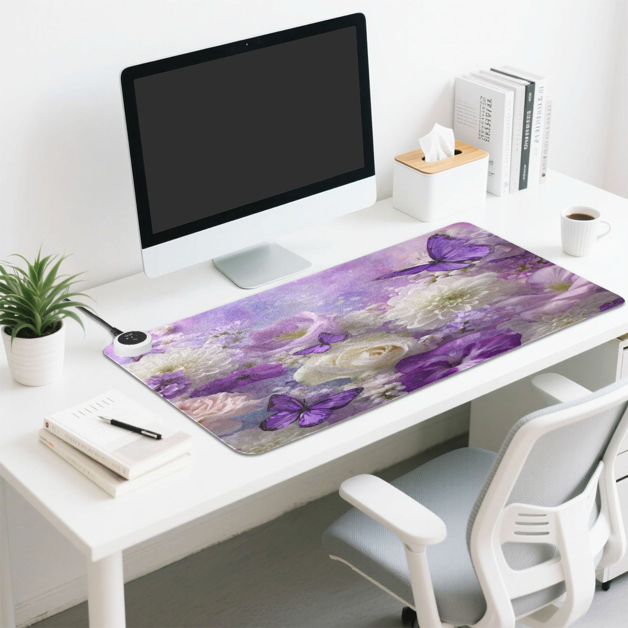 Wobogo Purple Butterfly Floral Heated Mouse Pad Extra-Large Desk Mat With 3 Heating Levels and 3-hour Auto Shut-Off Protection Ideal for Computer Keyboards Home Office Hand-warming Essential 31.5in ×