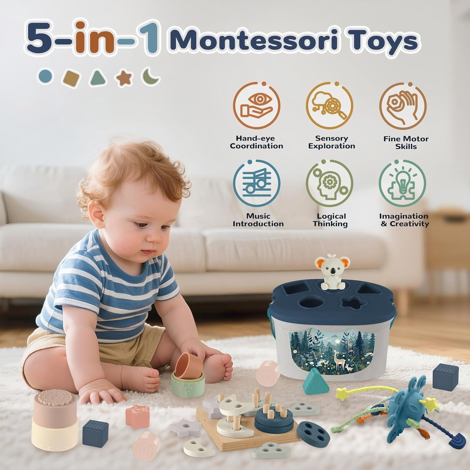 5-in-1 Montessori Baby Toy Set for 6-12 Months, Shape Sorter, Stacking Rings, Soft Blocks, Wooden Activity Toy and Xylophone, Sensory Development and Educational Gift for Infants and Toddlers