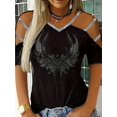 thumbnail image 3 of Camiseta con hombros descubiertos y diamantes de imitación, camiseta suelta informal con cuello en V para primavera y verano, ropa de mujer, 3 of 4