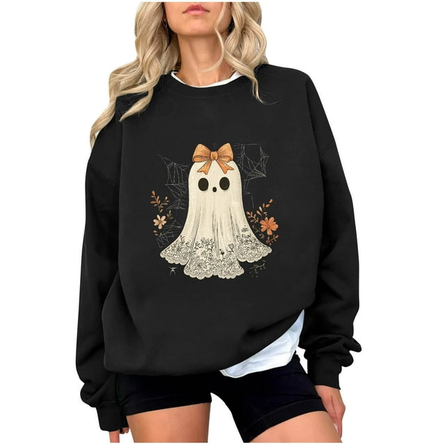Chandail en Molleton Imprimé Fantôme pour Femmes Chandail Léger et Chaud Blouses Col Rond Manches Longues Ultra Doux Texturé Tenues de Printemps 2025 Chandail Automne Hiver Vêtements