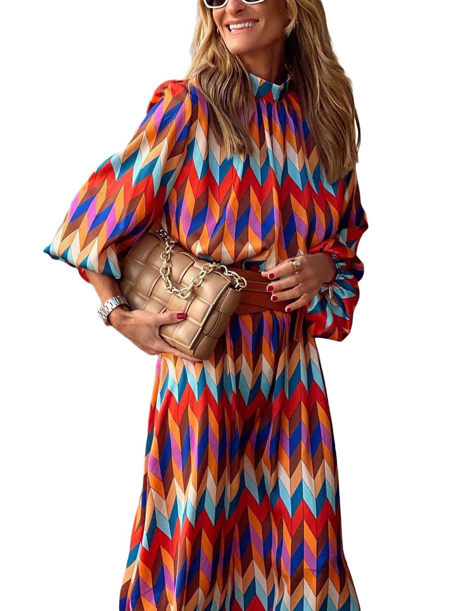 Diconna Women's Casual Dress Colorful Geometric Print Long