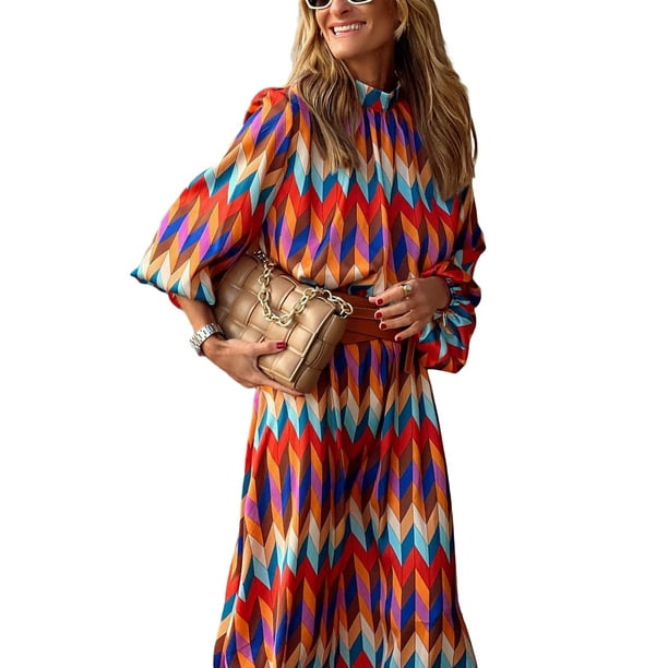 VISgogo Vestido casual para mujer, colorido, estampado geométrico, manga larga, medio cuello alto, vestido largo suelto VISgogo moda