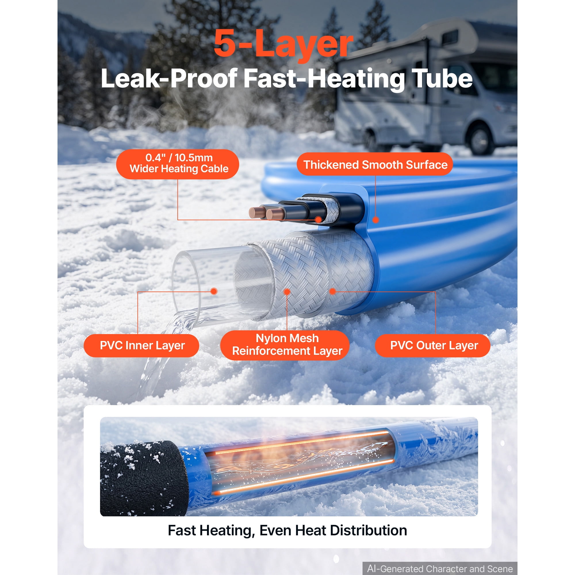 KFFKFF 100FT Heated Water Hose for RV, -45°F Anti-Freeze Drinking Hose, 1/2" ID, Smooth Surface, GFCI Leakage Protection, Built-in Thermostat, Freeze & Leak-Resistant, Lead and BPA-Free for RV Use