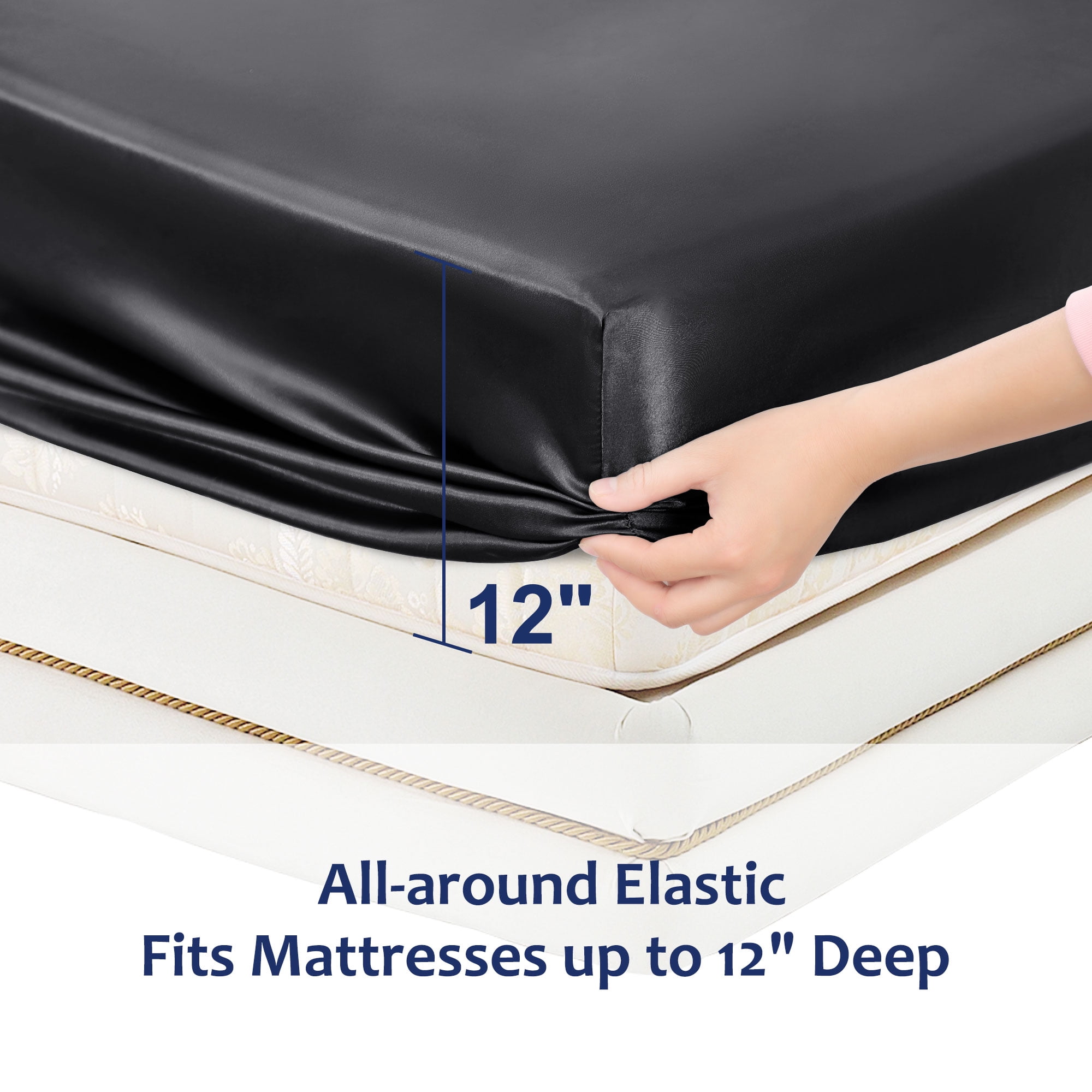 Unique Bargains 12" Large Pocket Satin Silk Fitted Sheet Twin Black