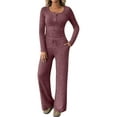 thumbnail image 2 of Women'S 2 Piece Matching Lounge Sets Fall Outfits Henley Neck Sweater Top Wide Leg Pants Sweat Suits Brick Red XL, 2 of 9