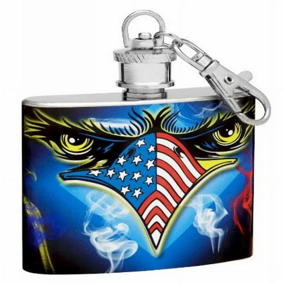 Small Flask Mounted on Keychain Clip - American Flag and Bald Eagle Design - Holds 2 oz, Screw-Down Cap