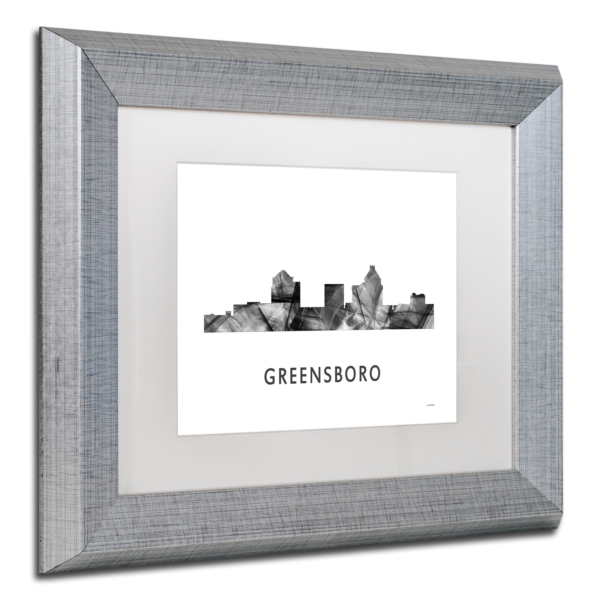 Trademark Fine Art 'Greensboro NC Skyline WB-BW' Canvas Art by Marlene Watson, White Matte, Silver Frame