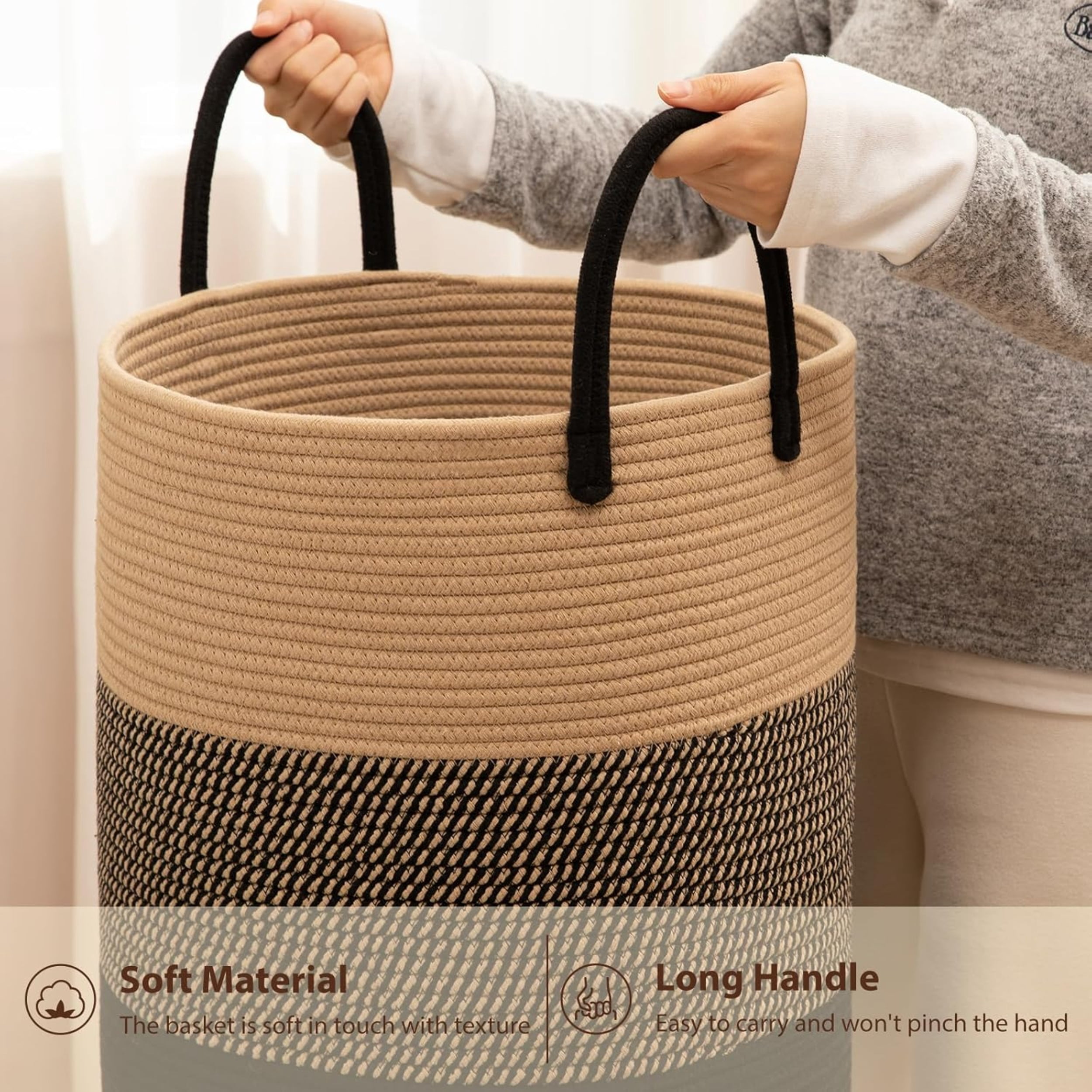 Laundry Basket, Woven Cotton Rope Laundry Hamper for Decor Storage of Dirty ClothesToys and Blankets in Bathroom, Baby Room and Living Room