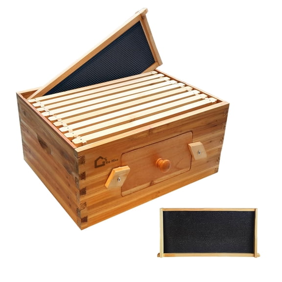 M optimized 10-Frame Deep Brood Box, Wax Coated Bee Hives Deep Box with Transparent Acrylic Windows, Beehives Frames and Wax Foundations, Langstroth Hive Body Brood Box for Beekeeping Supplement