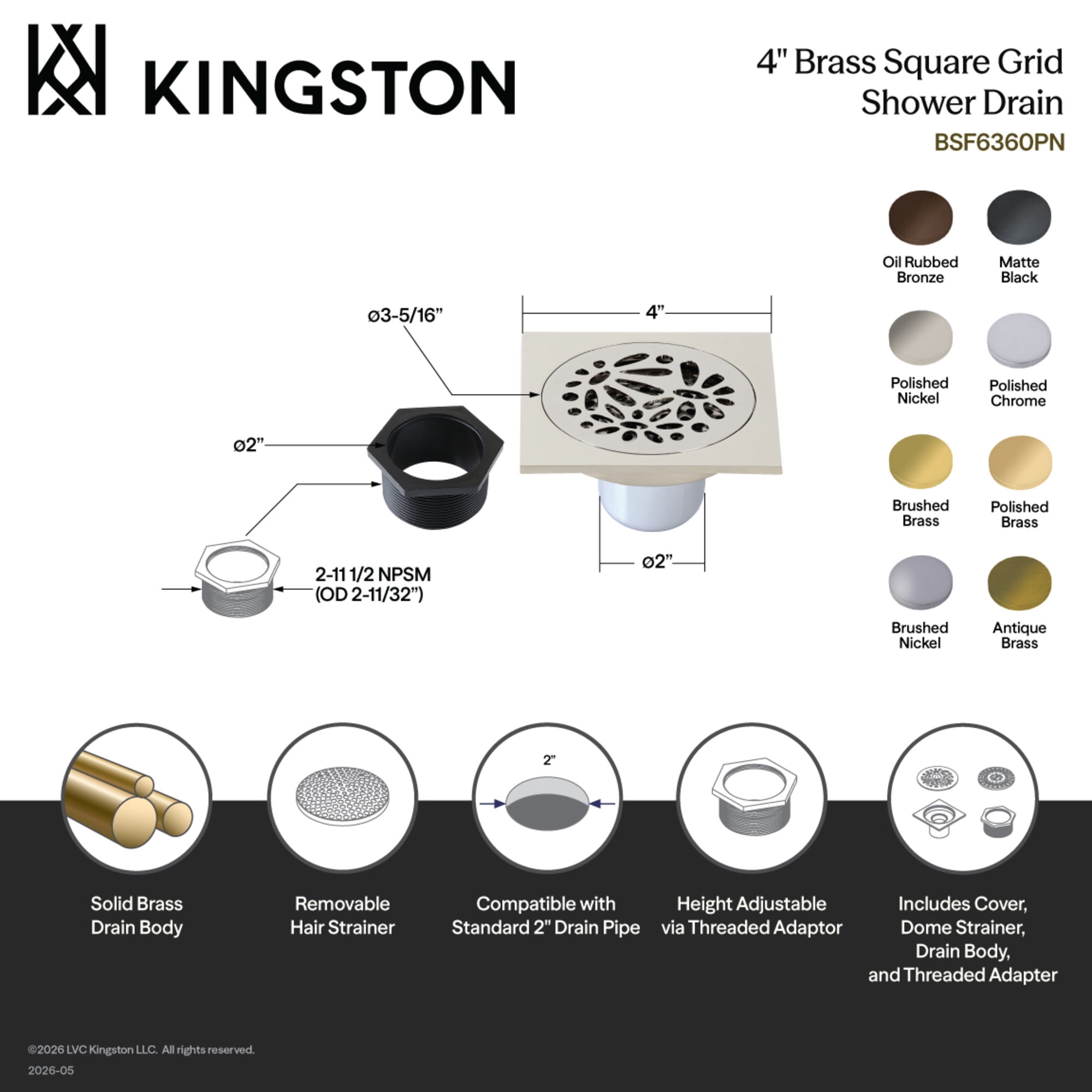 Kingston Brass BSF6360PN Watercourse Floral 4-Inch Brass Square Grid Shower Drain with Hair Strainer in Polished Nickel