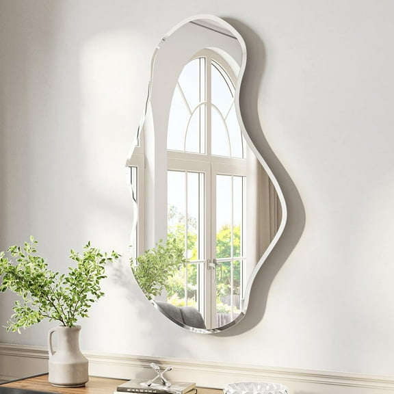 USHOWER 26×46" Frameless Wavy Wall Mirror – Asymmetrical Accent, Beveled Edge, Tempered Glass, Modern Decor for Bath, Bed, Entry
