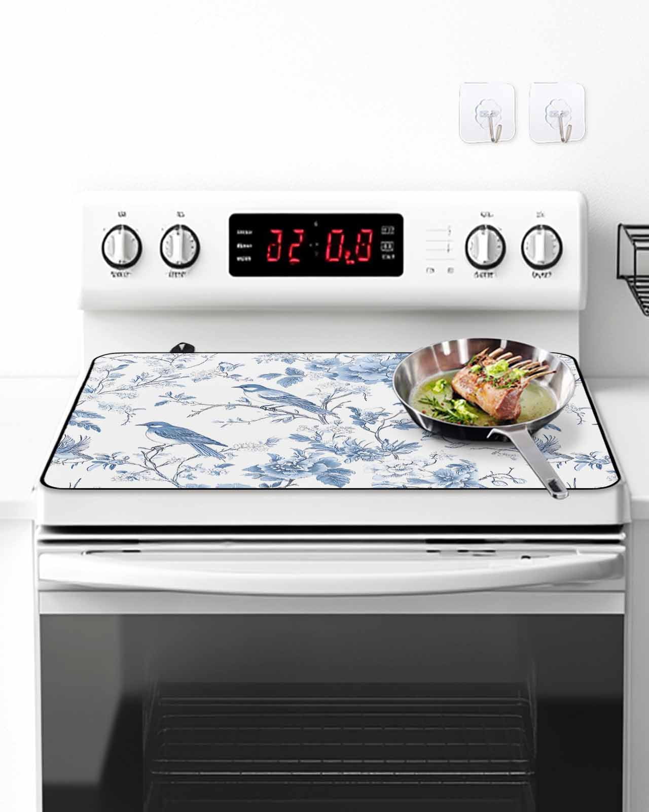 Stove Top Covers for Electric Stove, White Blue Spring Floral Glass Stovetop Cover Protector, Summer Birds Botanical Induction Cooktop Protector Oven Mat for Kitchen Countertop 24"x21"