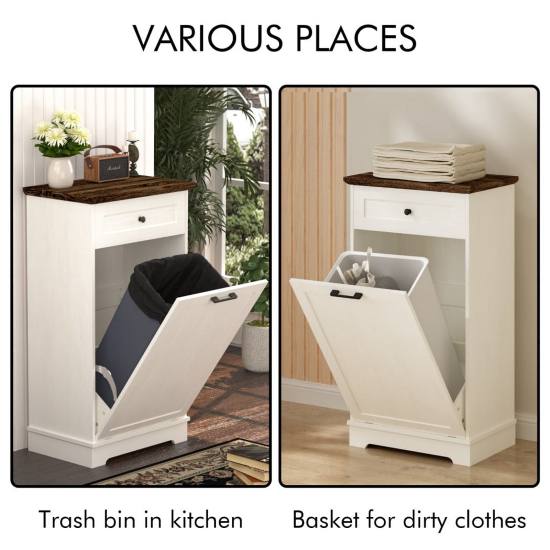 13 Gallon Tilt Out Trash Cabinet, Freestanding Garbage Can Storage with Drawer, Wood Recycling Cabinet, Antique White Kitchen Trash Bin Holder, Antique Brown & White