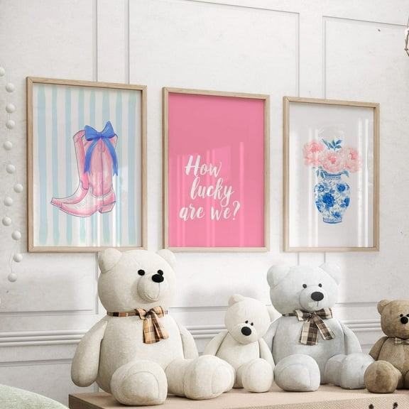 Luvia How Lucky Are We Pink Blue Bow Boots And Flowers Wall Prints Set Of 3 Poster, Love Shack Fancy Wall Prints, Modern Wall Decor Set 3 Prints 8x12 UNFRAMED