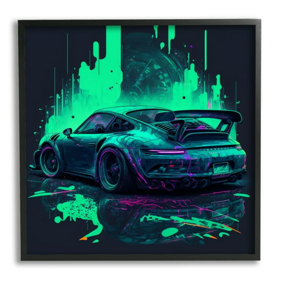 Stupell Industries Urban Sports Car Neon Graffiti Transportation Painting Black Framed Art Print Wall Art