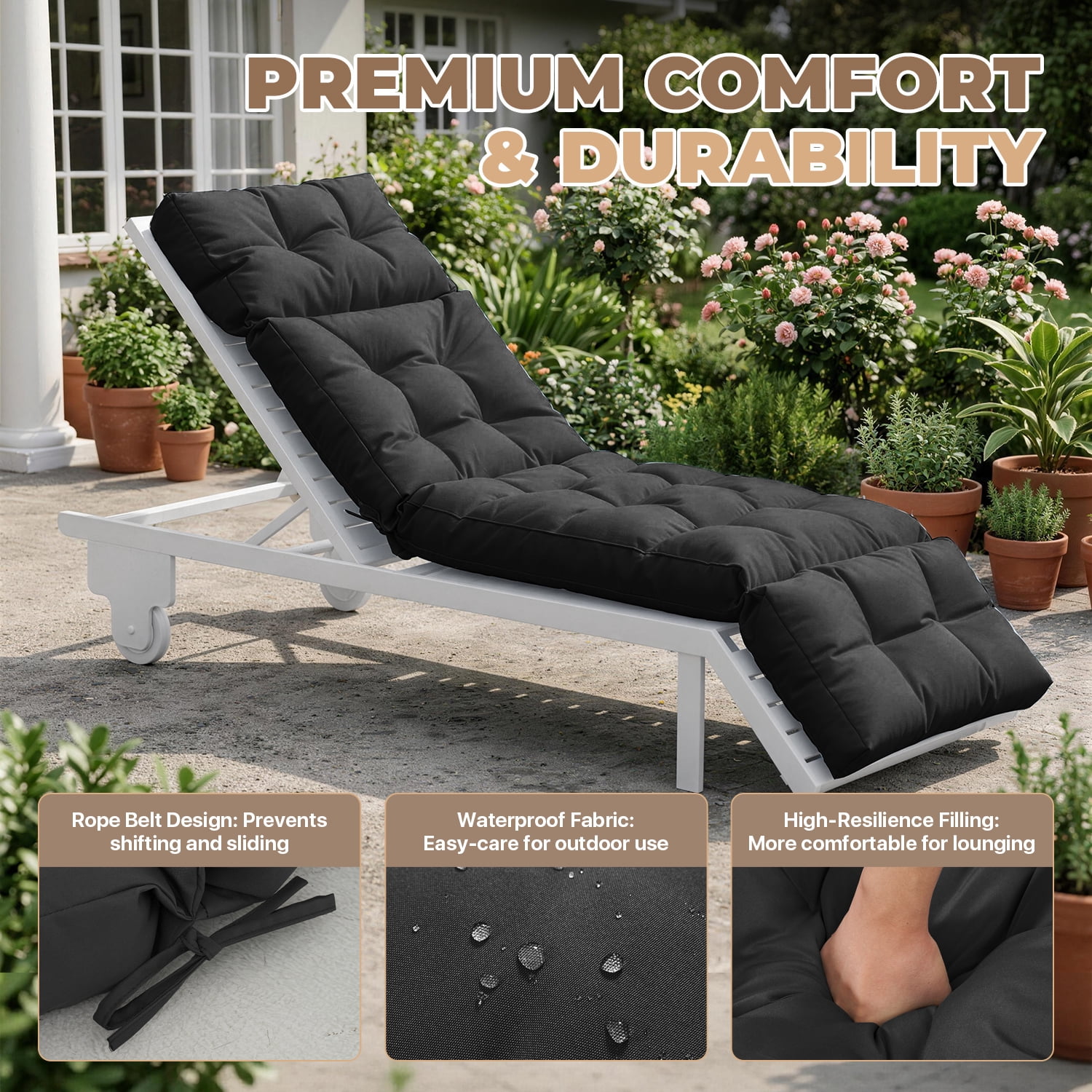BaPiPro All-Weather Outdoor Chaise Lounge Cushion, Secure-Tie Patio Recliner Cushion with Plush PP Cotton Support for Patio, Poolside & Balcony, Black