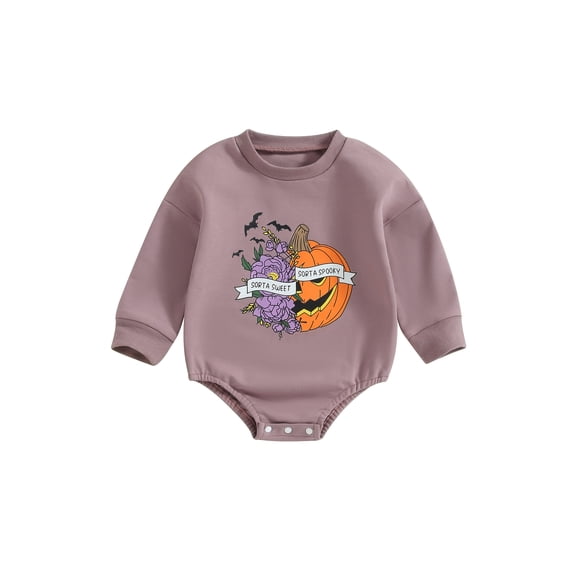 Wassery Infant Baby Girls Halloween Costume 6M 12M 18M 24M Newborn Girl Jumpsuit Long Sleeve Round Neck Letters Pumpkin Print Pullovers Bodysuit Fall Casual Clothes 0-24M