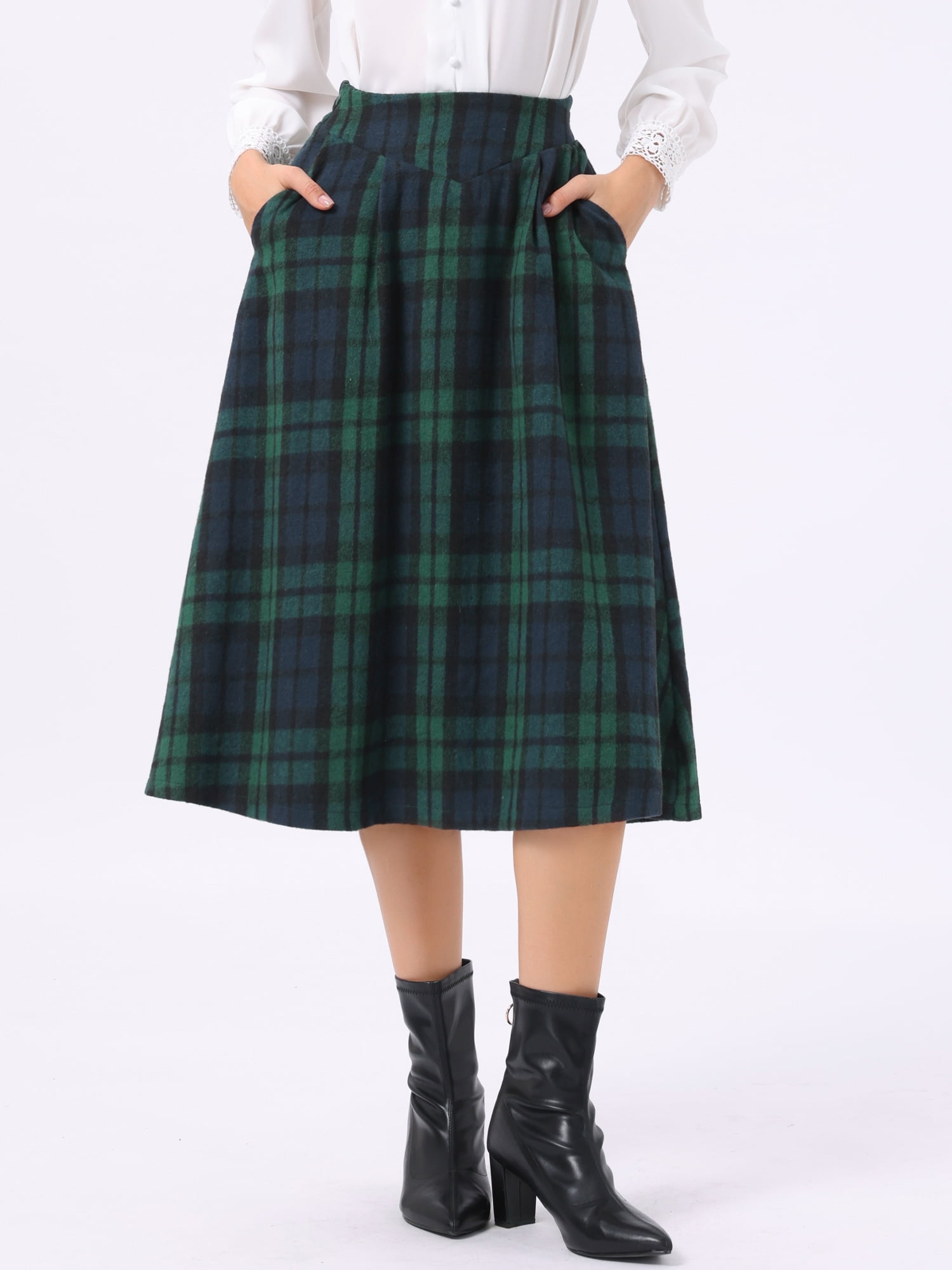 DARING DIVA Women's Midi A-Line Pleated Skirts with Pockets X-Large Dark Green
