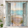 thumbnail image 2 of Boho Beach Coastal Shower Curtain, Teal Ocean Sunrise Seaside Seascape Nautical Beachy Shower Curtain Set, Rustic Barn Door Seashore Fabric Shower Curtain for Bathroom 12 Hooks, 72"×72" Turquoise, 2 of 6