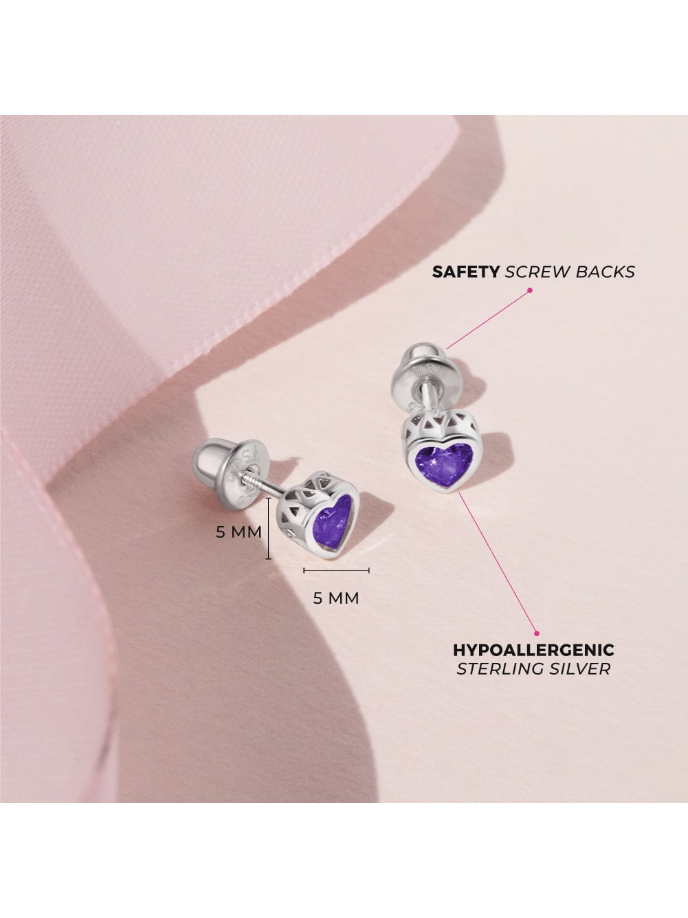 925 Sterling Silver Girls Simulated Amethyst Birthstone Heart Screw Back Earring