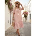 thumbnail image 5 of Womens Pink Boho Geometric Print V-Neck Tiered Midi Dress, 5 of 5