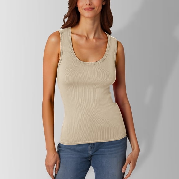Women Summer Slim Round Neck Ribbed Tank (Beige XXL)