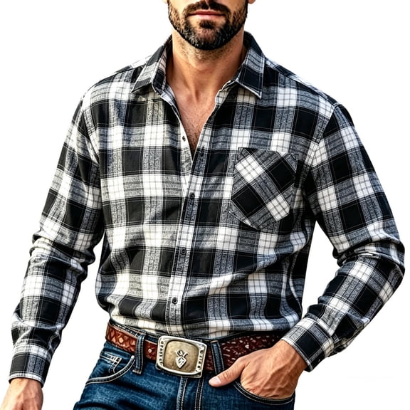 TKKCS Mens Plaid Long Sleeve Button Down Shirts with Pocket- Lightweight Regular Fit Turndown collar Daily Wear Work Casual Shirts Blue Size 2XL