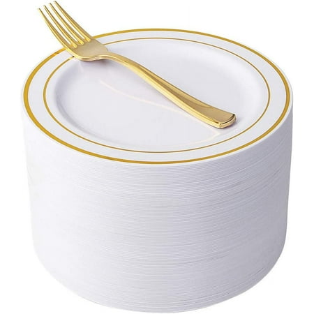 

204PCS Gold Dessert Plates with Forks - 102PCS 7.5inch Disposable Gold Plastic Plates and 102PCS Gold Plastic Forks Perfect for Salads Desserts Parties Catering Thanksgiving & Party