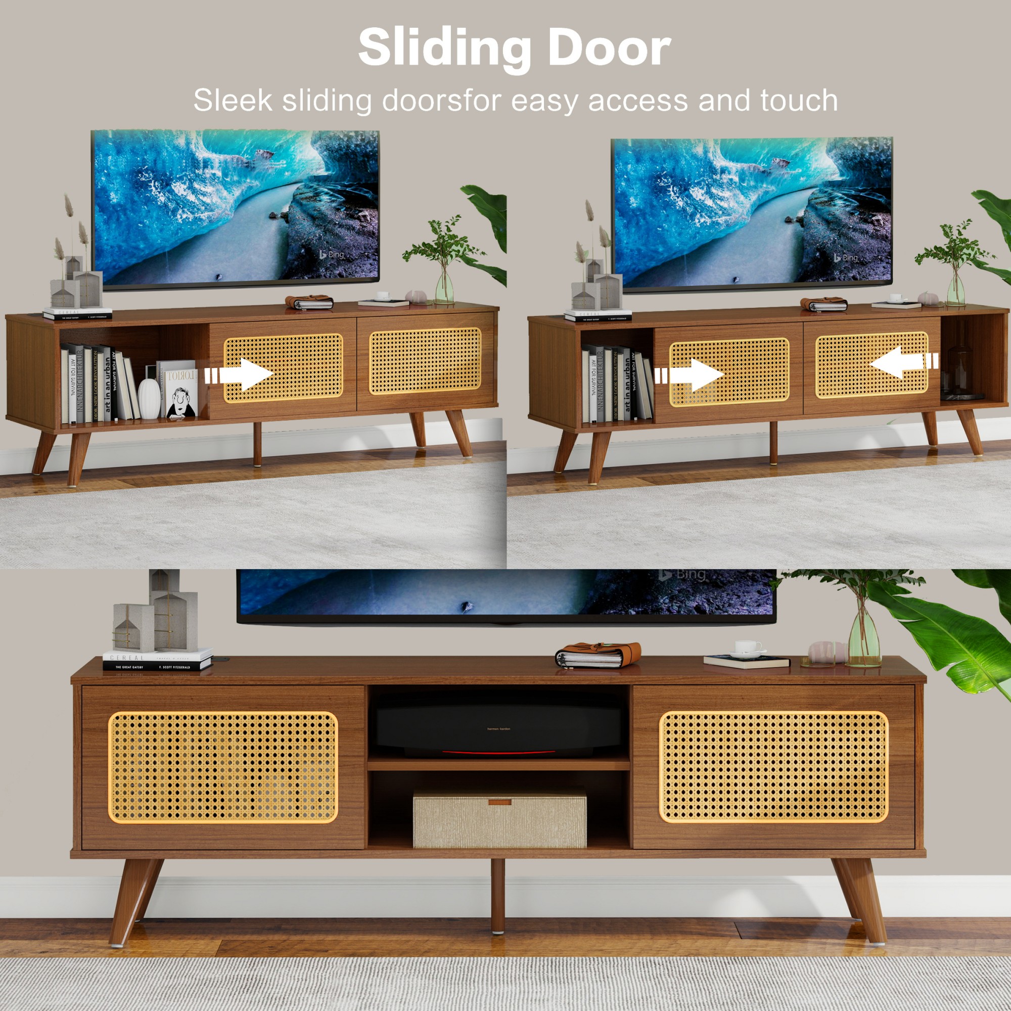 TV Stand for TVs up to 65",Modern Rattan Entertainment Cabinet Media Console for Living Room Bedroom,Black Brown