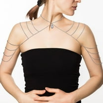 WEBEEDY Layered Zinc Alloy Chain Tassel Shoulder Chains Rhinestone Teardrop Charms Shoulder Harness Body Jewelry Platinum 456mm