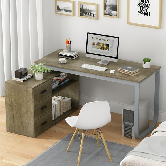 MONSLIPA L Shaped Desk with Storage Shelf and 3 Drawers, 55" Home Office Corner Office Writing Desk Study Workstation Table, Light Gray