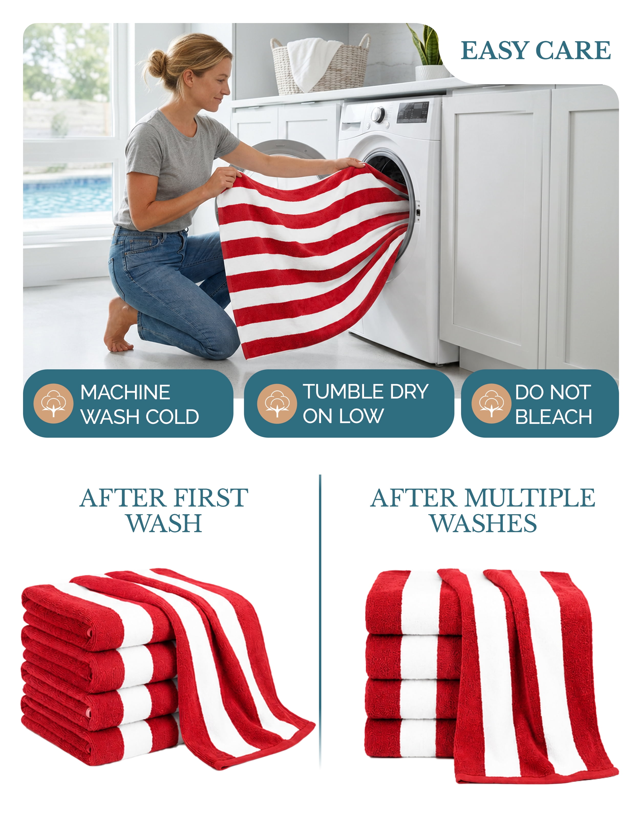 Casa Platino 100% Cotton Beach Towel - 2 Pack Cabana Stripe Large Beach Towel, Soft & Quick Dry Pool Towels, Beach Essentials For Women, Quick Dry Towel - Red