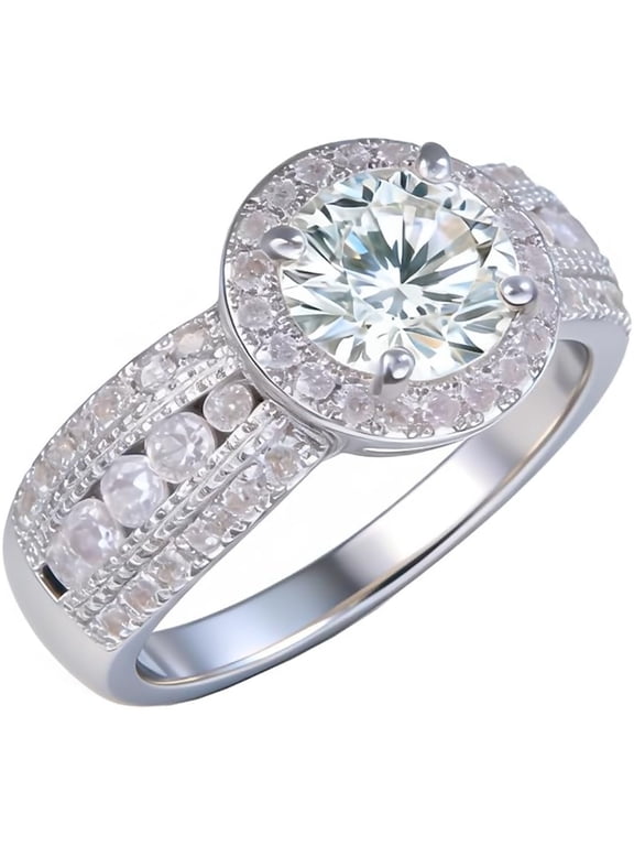 Classic Diamond Cut Halo Ring Cubic Zirconia 925 Sterling Silver Plated Solitaire Engagement Ring for Women Round Cut Wedding Promise Band Eternity CT Round Solitaire Rings for Her size 9