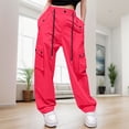 thumbnail image 2 of Summer Pants for Women High Waist Parachute Pants Cargo Trousers With Pockets High Waist Trousers for Women Metallic Petite Wide Leg Linen Dressy Jumpsuits Red M, 2 of 8