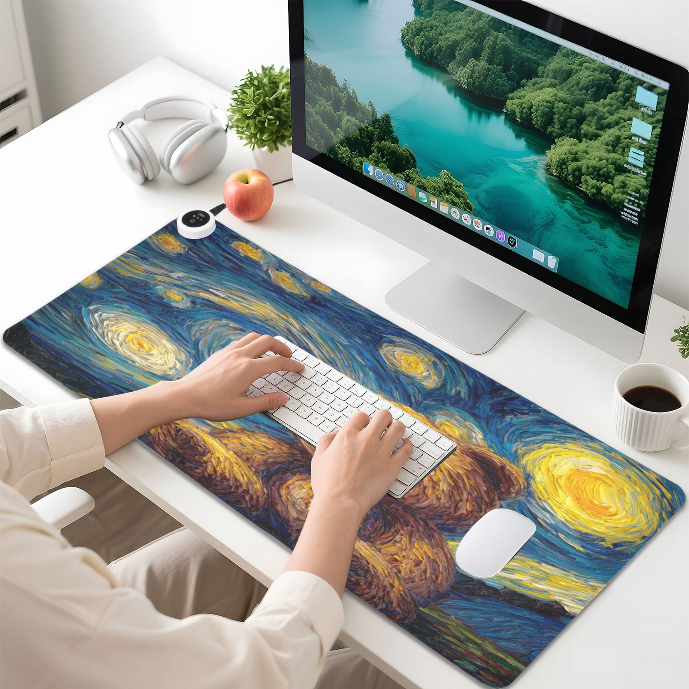 Large Heated Desk Mat Mouse Pad 31.5"x13"PU Leather Graphene Heating Desk Warmer with 3 Temperature Settings 110V US Plug Non-Slip Warm Pad for Home, Office, and Gaming Cute Bear under The Stars