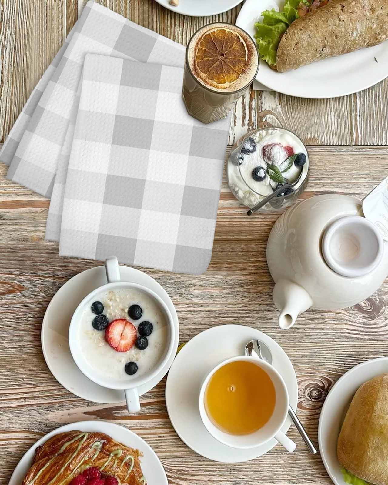 Grey Plaid Kitchen Dish Towels for Drying Dishes Set of 3, Spring Summer Farmhouse Buffalo Checkered Waffle Weave Microfiber Hand Tea Bathroom Towels Quick Dry & Absorbent Towel 15.7x23.6