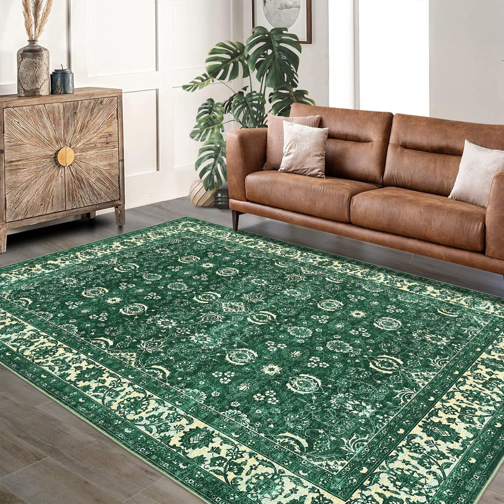 Vintage Floral Rugs 9x12, Washable Area Rug with Non Slip Backing, Low Pile for Living Room, Bedroom & Home Decor Green