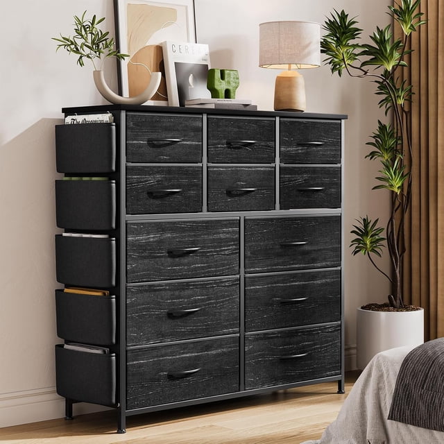 Commode Noire à 12 Tiroirs pour Chambre, Commodes en Tissu et Chiffonniers avec Poches Latérales, Commode pour Garde-Robe, Salon, Garde-Robe, Couloir