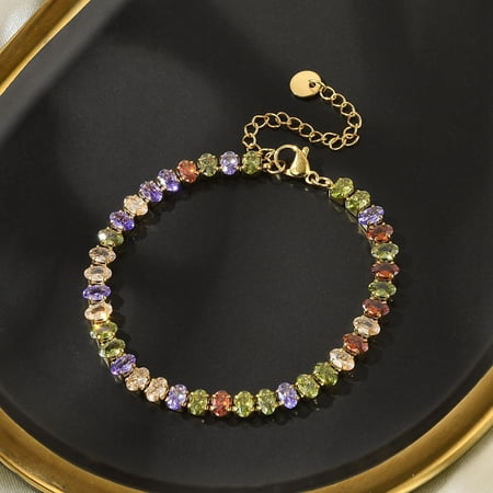 304 Stainless Steel Oval Link Chain Bracelets for Women with Cubic Zirconia Real 18K Gold Plated 6-3/4 inch(17cm)